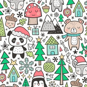 Christmas Holidays Animals Doodle with Panda, Deer, Bear, Penguin and Trees on White