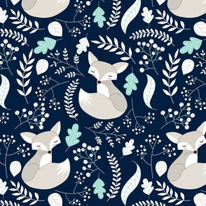 Fox - Sleepy Gray Foxes (navy, mint leaves) Baby Nursery Woodland Animals Kids Childrens Bedding N4