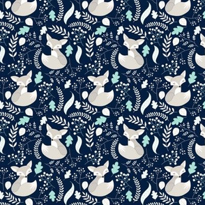 SMALLER Fox - Sleepy Gray Foxes (navy, mint leaves) Baby Nursery Woodland Animals Kids Childrens Bedding N4