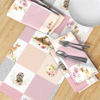 Girls Woodland Quilt Panel - Baby Blanket, Bear Fox Deer Owl - Pastel Pink Blush + Gray - MIA Pattern D3