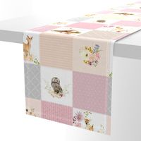 Girls Woodland Quilt Panel - Baby Blanket, Bear Fox Deer Owl - Pastel Pink Blush + Gray - MIA Pattern D3