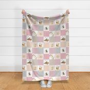 Girls Woodland Quilt Panel - Baby Blanket, Bear Fox Deer Owl - Pastel Pink Blush + Gray - MIA Pattern D3