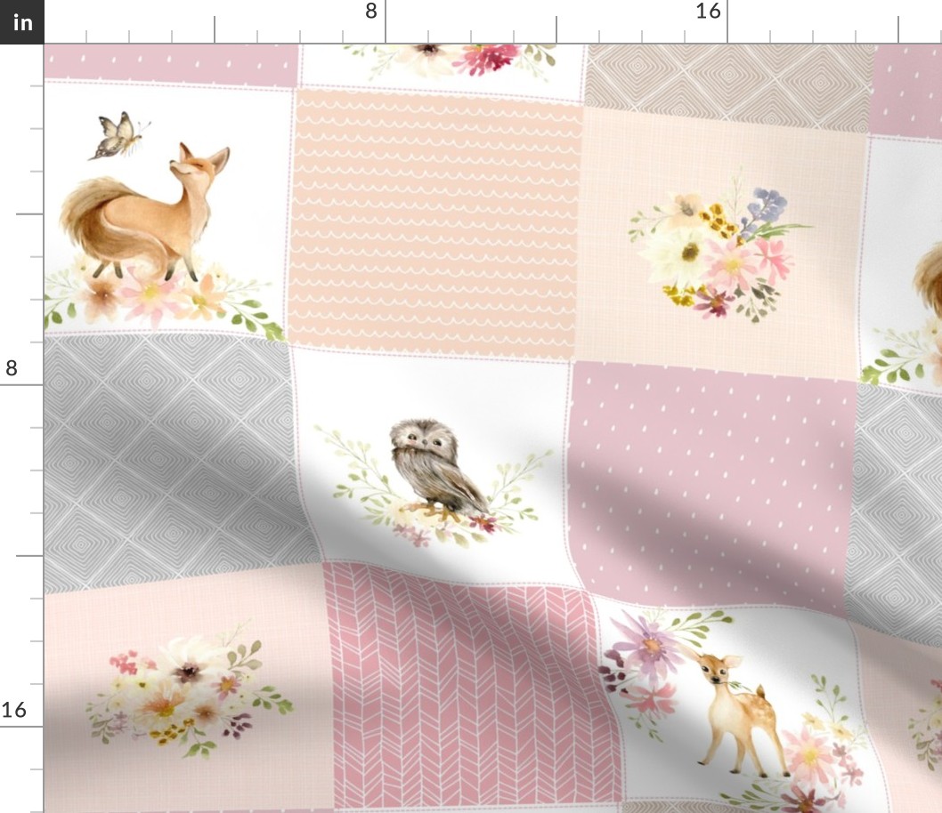 Girls Woodland Quilt Panel - Baby Blanket, Bear Fox Deer Owl - Pastel Pink Blush + Gray - MIA Pattern D3