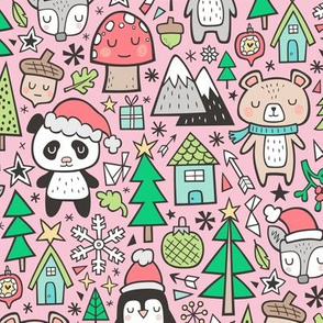 Christmas Holidays Animals Doodle with Panda, Deer, Bear, Penguin and Trees Red on Pink