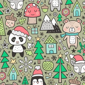 Christmas Holidays Animals Doodle with Panda, Deer, Bear, Penguin and Trees on Olive Green