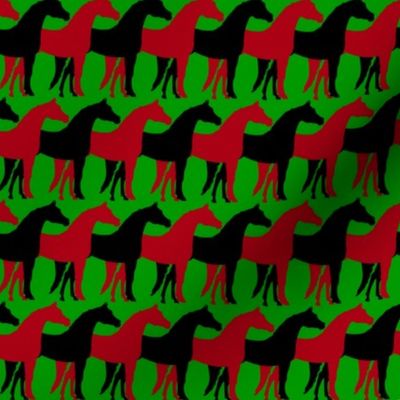 Two Inch Black and Dark Red Overlapping Horses on Christmas Green