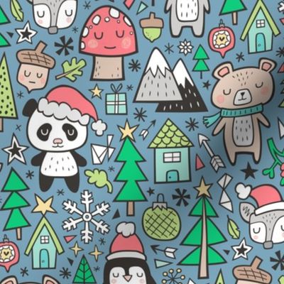 Christmas Holidays Animals Doodle with Panda, Deer, Bear, Penguin and Trees on Blue