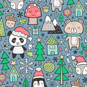 Christmas Holidays Animals Doodle with Panda, Deer, Bear, Penguin and Trees on Blue