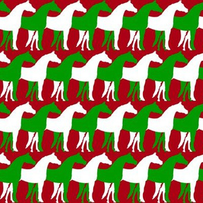 Two Inch White and Christmas Green Overlapping Horses on Dark Red