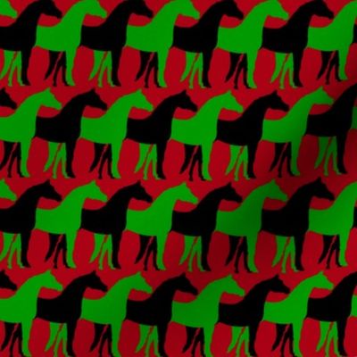 Two Inch Black and Christmas Green Overlapping Horses on Dark Red