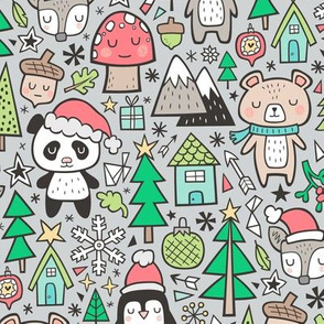 Christmas Holidays Animals Doodle with Panda, Deer, Bear, Penguin and Trees on Light Grey