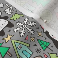 Christmas Holidays Animals Doodle with Panda, Deer, Bear, Penguin and Trees on Dark Grey