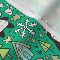 Christmas Holidays Animals Doodle with Panda, Deer, Bear, Penguin and Trees on Green