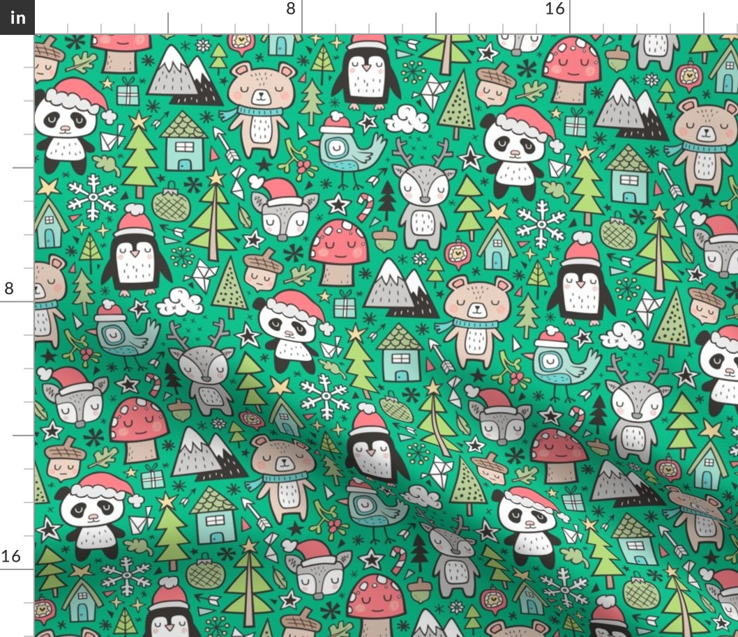 Christmas Holidays Animals Doodle with Panda, Deer, Bear, Penguin and Trees on Green