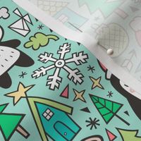 Christmas Holidays Animals Doodle with Panda, Deer, Bear, Penguin and Trees on Mint Green