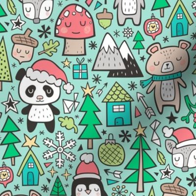 Christmas Holidays Animals Doodle with Panda, Deer, Bear, Penguin and Trees on Mint Green