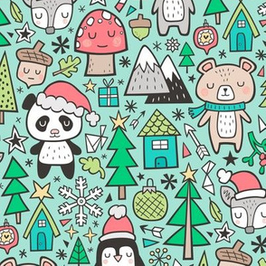 Christmas Holidays Animals Doodle with Panda, Deer, Bear, Penguin and Trees on Mint Green