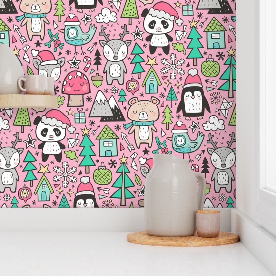 Christmas Holidays Animals Doodle with Panda, Deer, Bear, Penguin and Trees in Pink