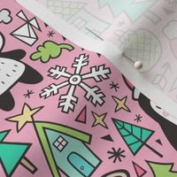 Christmas Holidays Animals Doodle with Panda, Deer, Bear, Penguin and Trees in Pink