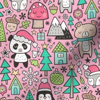 Christmas Holidays Animals Doodle with Panda, Deer, Bear, Penguin and Trees in Pink