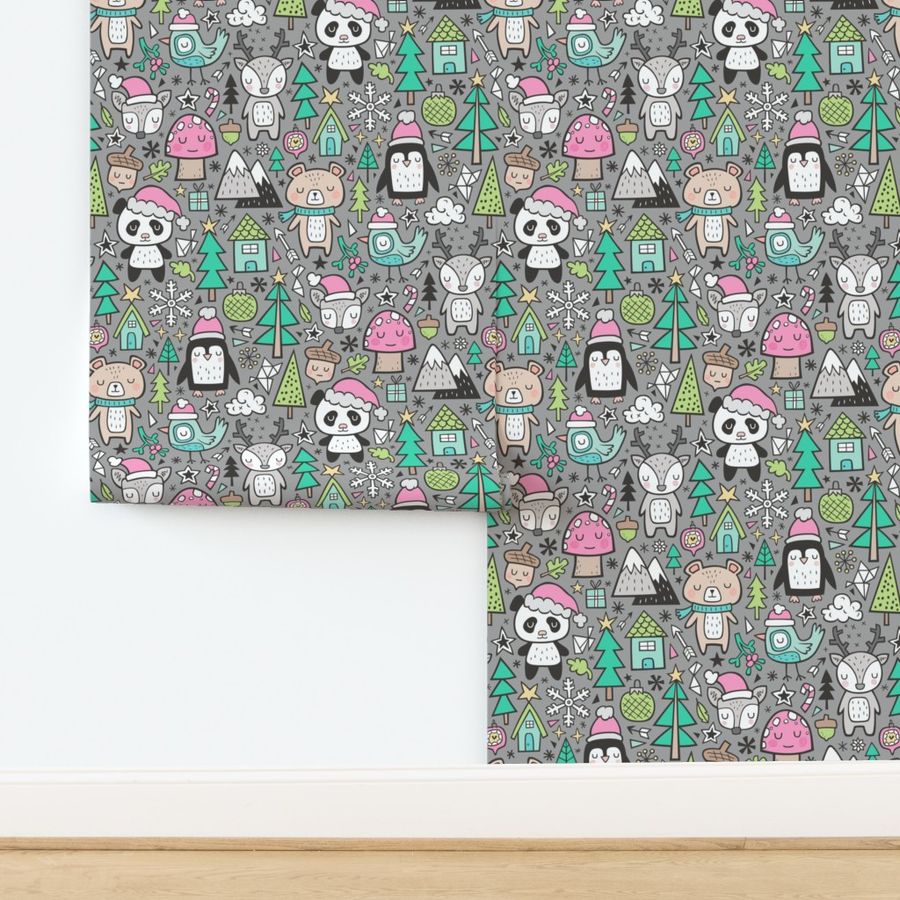 Christmas Holidays Animals Doodle with Panda, Deer, Bear, Penguin and Trees Pink on Grey