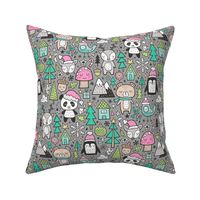 Christmas Holidays Animals Doodle with Panda, Deer, Bear, Penguin and Trees Pink on Grey