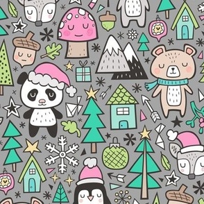 Christmas Holidays Animals Doodle with Panda, Deer, Bear, Penguin and Trees Pink on Grey