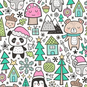 Christmas Holidays Animals Doodle with Panda, Deer, Bear, Penguin and Trees on Pink on White