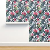 Painted Protea Pattern on White Background