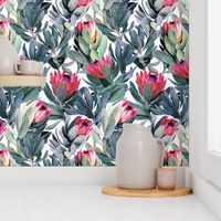 Painted Protea Pattern on White Background