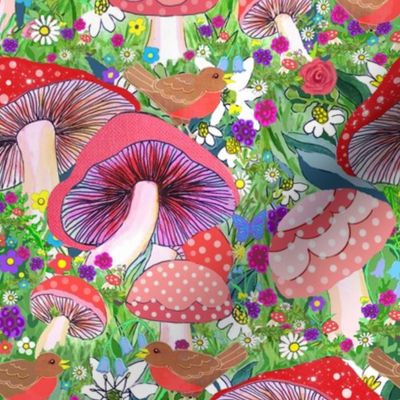 Scandinavian Woodland robin and flowers //  // red robins // robin // forest // birds and toadstool forest