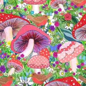 Scandinavian Woodland robin and flowers //  // red robins // robin // forest // birds and toadstool forest