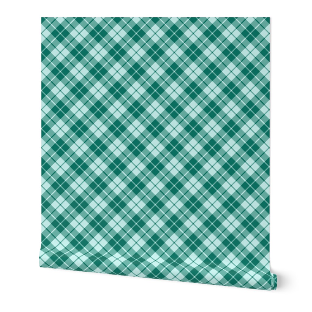spruce green and pale aqua diagonal tartan
