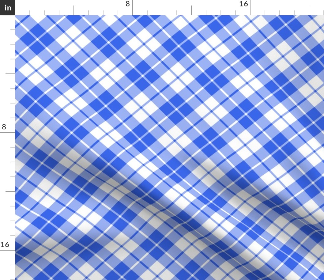 cobalt blue and white diagonal tartan