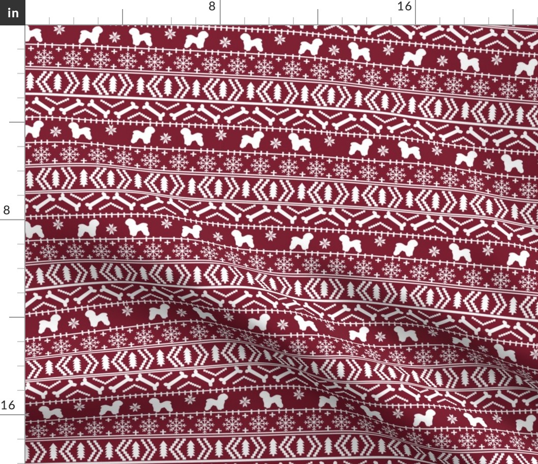 Bichon Frise fair isle christmas silhouette fabric maroon