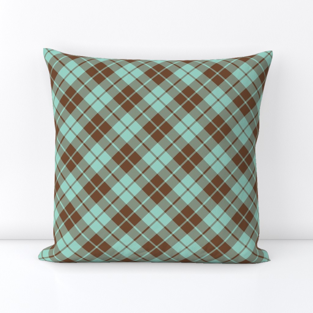 brown and aqua diagonal tartan