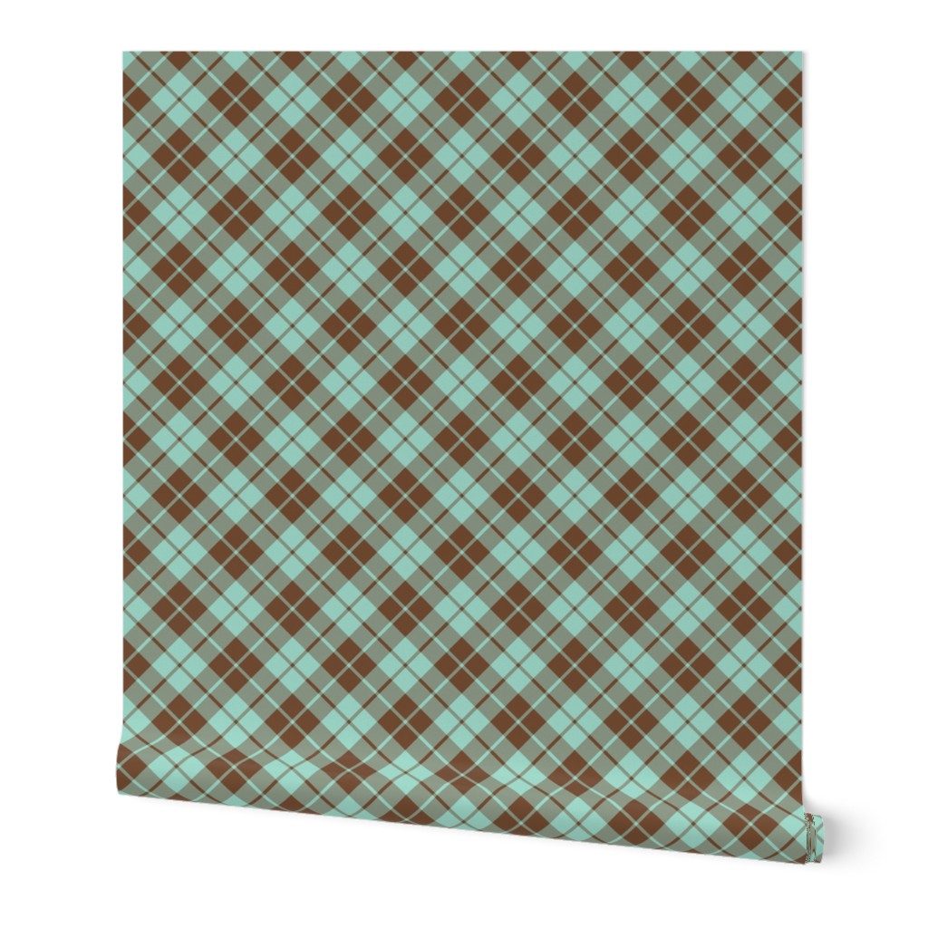 brown and aqua diagonal tartan