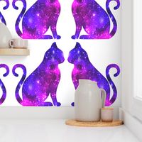 4 sitting cats animals glitter sparkles stars universe galaxy nebula watercolor effect silhouette purple blue violet pink cosmic cosmos planets side profile