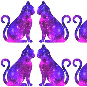 4 sitting cats animals glitter sparkles stars universe galaxy nebula watercolor effect silhouette purple blue violet pink cosmic cosmos planets side profile