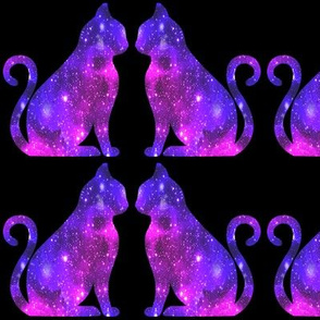 6 sitting cats animals glitter sparkles stars universe galaxy nebula watercolor effect silhouette purple blue violet pink cosmic cosmos planets 