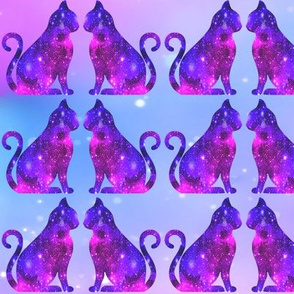 5 sitting cats animals glitter sparkles stars universe galaxy nebula watercolor effect silhouette purple blue violet pink cosmic cosmos planets side profile