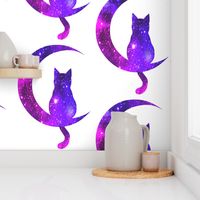 7 sitting cats animals moon glitter sparkles stars universe galaxy nebula watercolor effect silhouette purple blue violet pink cosmic cosmos planets crescent 