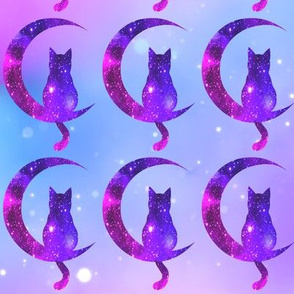 3 sitting cats animals moon glitter sparkles stars universe galaxy nebula watercolor effect silhouette purple blue violet pink cosmic cosmos planets crescent