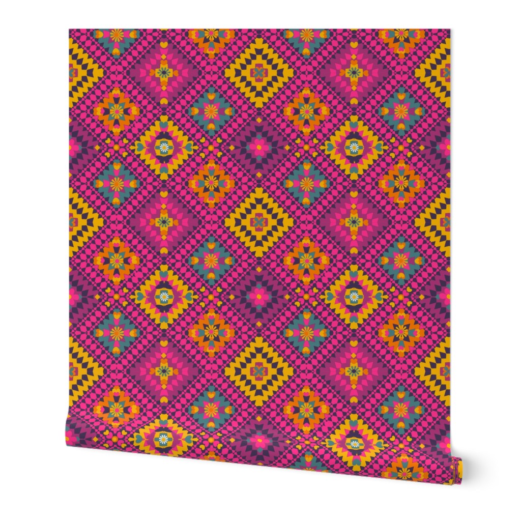 Kilim Boho pink, mustard & teal kilim //   Turkish Boho geometric