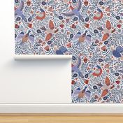 Swedish folk art birds on white with linnen texture