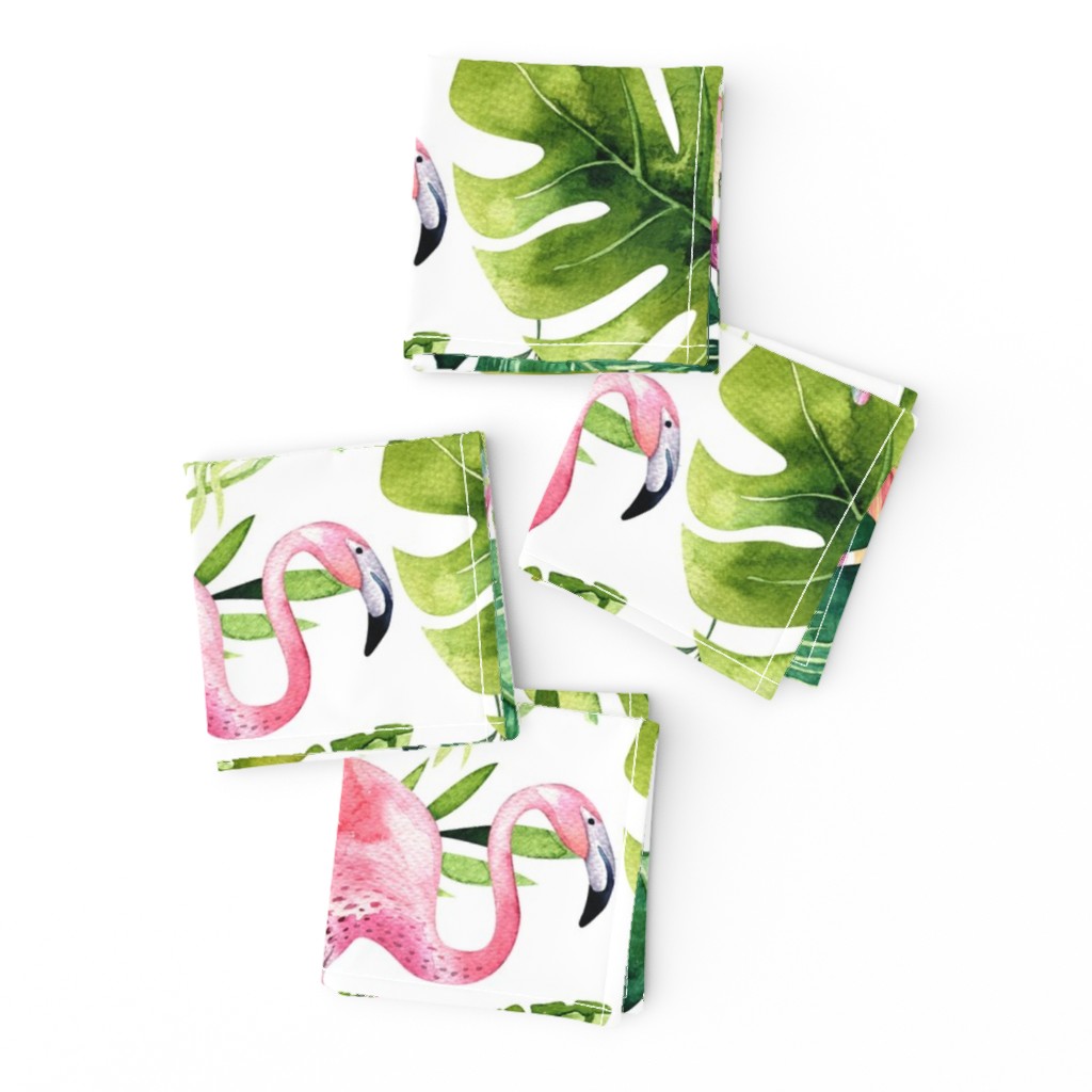 Watercolor tropic jungle seamless summer pattern background with tropical palm monstera leaves, flamingo and exotic  hibiscus 