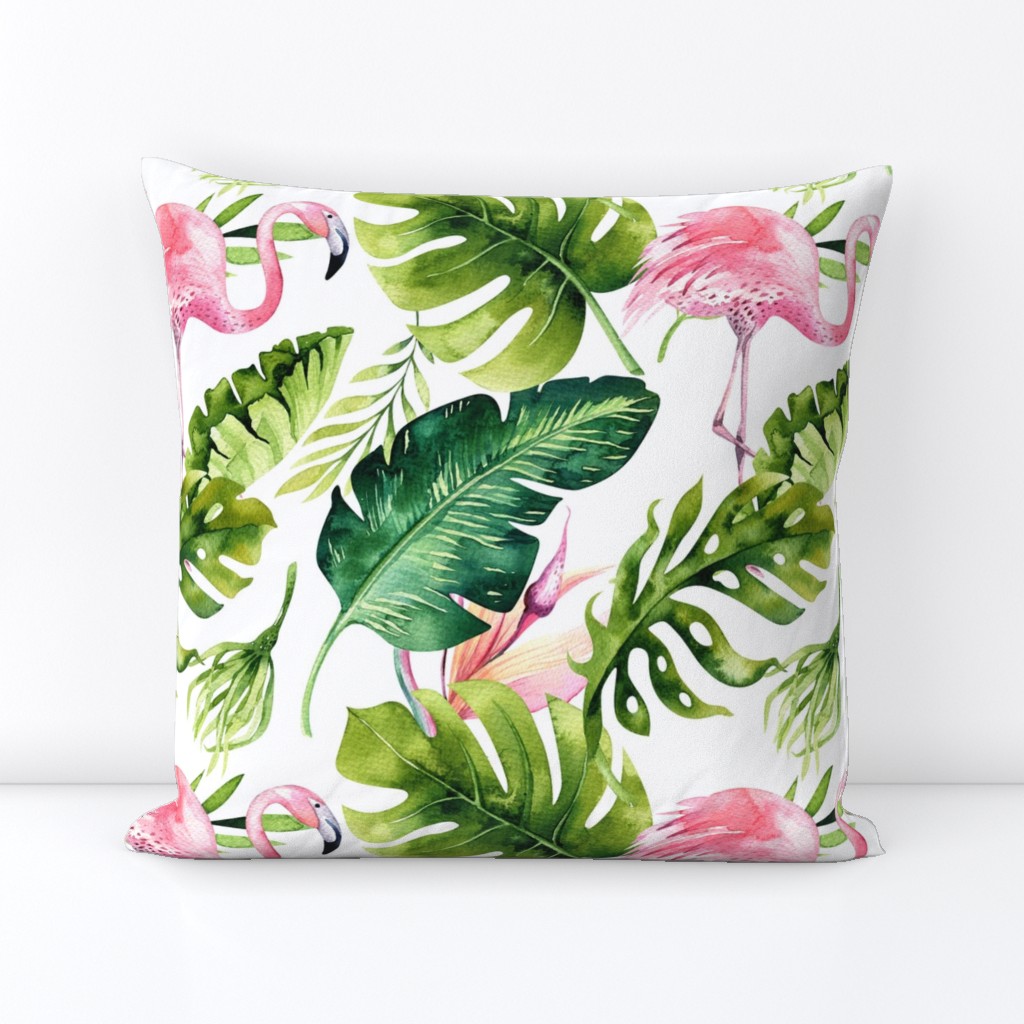 Watercolor tropic jungle seamless summer pattern background with tropical palm monstera leaves, flamingo and exotic  hibiscus 