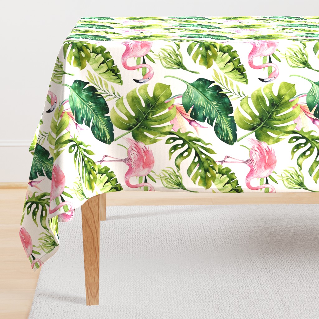 Watercolor tropic jungle seamless summer pattern background with tropical palm monstera leaves, flamingo and exotic  hibiscus 