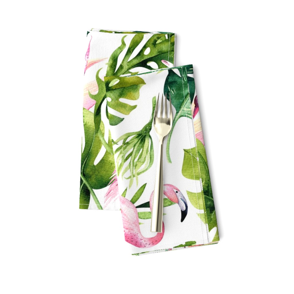 Watercolor tropic jungle seamless summer pattern background with tropical palm monstera leaves, flamingo and exotic  hibiscus 