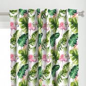 Watercolor tropic jungle seamless summer pattern background with tropical palm monstera leaves, flamingo and exotic  hibiscus 